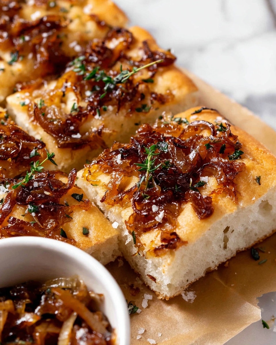 A close-up view of a focaccia bread cut into square pieces, showing a golden-brown crust with a soft, fluffy texture underneath. The top layer is covered generously with caramelized onions that have a deep amber color and a glossy, slightly sticky texture. Small bits of fresh green herbs are scattered on top along with coarse sea salt crystals adding a bit of sparkle. The bread rests on a piece of parchment on a white marbled surface, with a white bowl partially visible on the side containing more caramelized onions. photo taken with an iphone --ar 4:5 --v 7