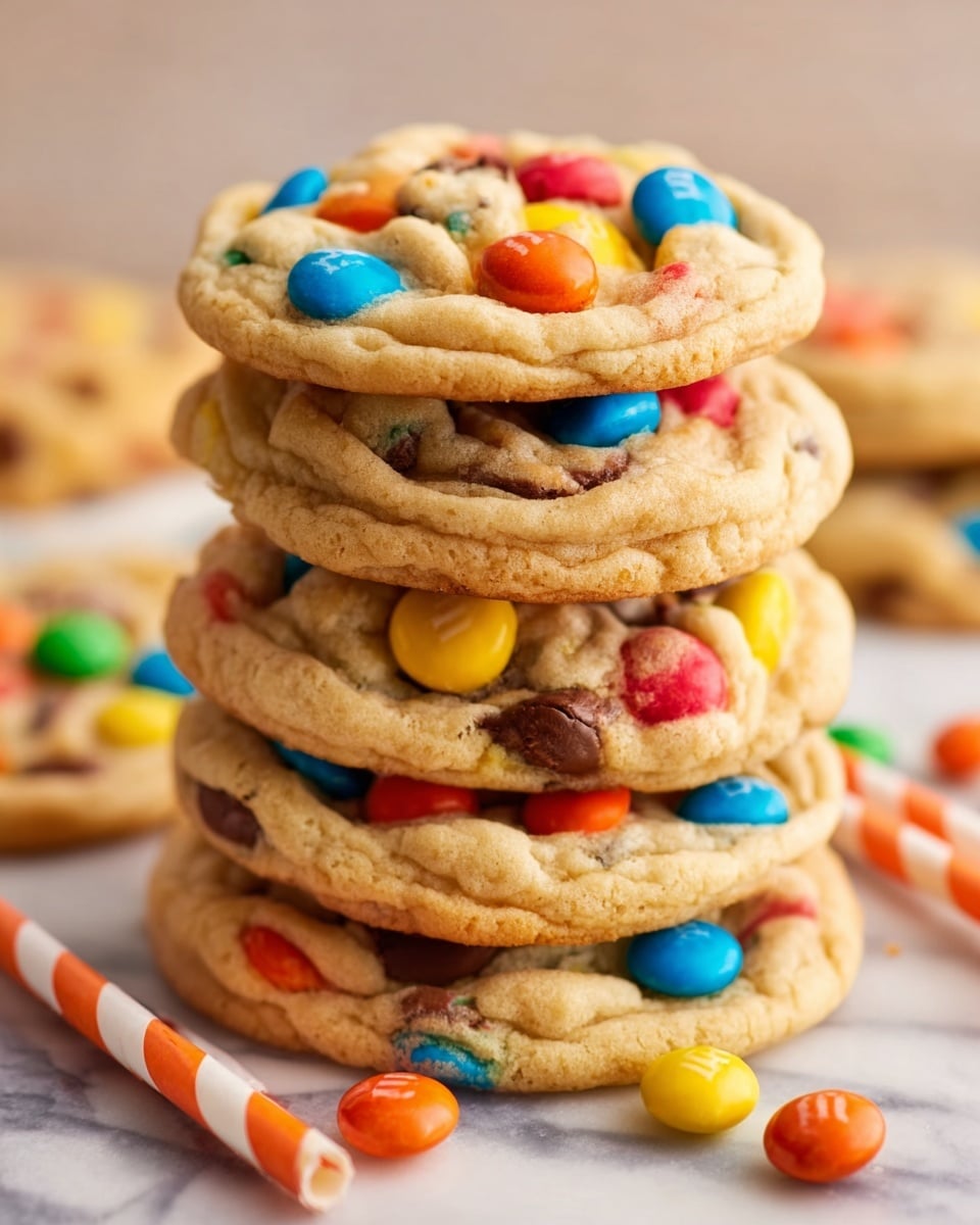 A stack of six thick, soft cookies filled with colorful candy-coated chocolate pieces is shown on a white marbled surface. Each cookie is golden brown and slightly cracked on top, with bright red, yellow, blue, orange, and brown candies embedded throughout. The cookies are piled unevenly, giving a sense of fresh baking, and a blurred cookie lies in the background. Two striped paper straws, orange and white, lay diagonally next to the cookies. The scene is warm and inviting, full of vibrant colors and textures. Photo taken with an iphone --ar 4:5 --v 7