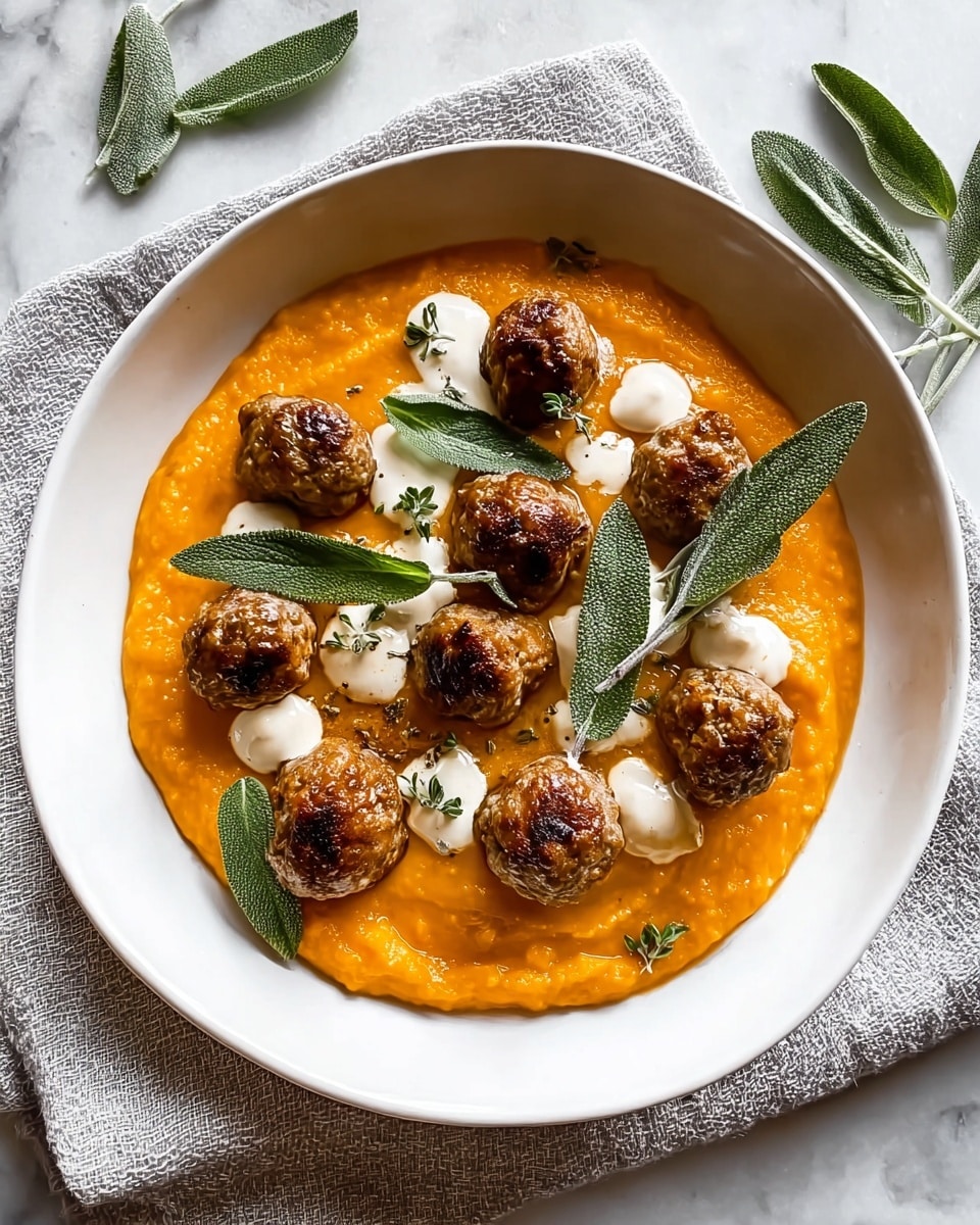 A white plate sits on a white marbled texture with a spread of thick, bright orange puree forming the base layer, slightly textured and spread in a rough circle. On top, seven golden-brown meatballs with a slightly crispy, charred surface are evenly placed in a circular pattern. Small dollops of smooth, pale yellow sauce are dotted around the meatballs. Fresh green sage leaves are scattered on top and around the dish, adding a touch of vibrant color and a fresh texture contrast. photo taken with an iphone --ar 4:5 --v 7