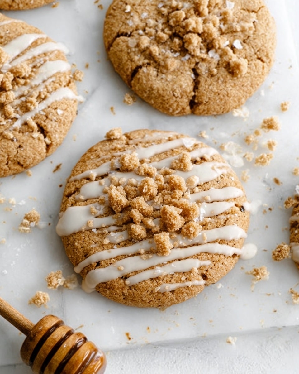 The image shows a close-up view of six round cookies arranged on a white marbled surface with some green leaves and a gold spoon in the background. Each cookie has three visible layers: a base that is golden brown and slightly crispy, a middle layer with a light brown crumbly topping, and thin white icing drizzled over the top in irregular lines. The cookies look soft in the middle and crunchy on top. A woman's hand is about to pick up one of the cookies. A small leaf is placed near the cookies, adding a natural touch. The photo is lit softly to highlight the textures and colors clearly. Photo taken with an iphone --ar 4:5 --v 7