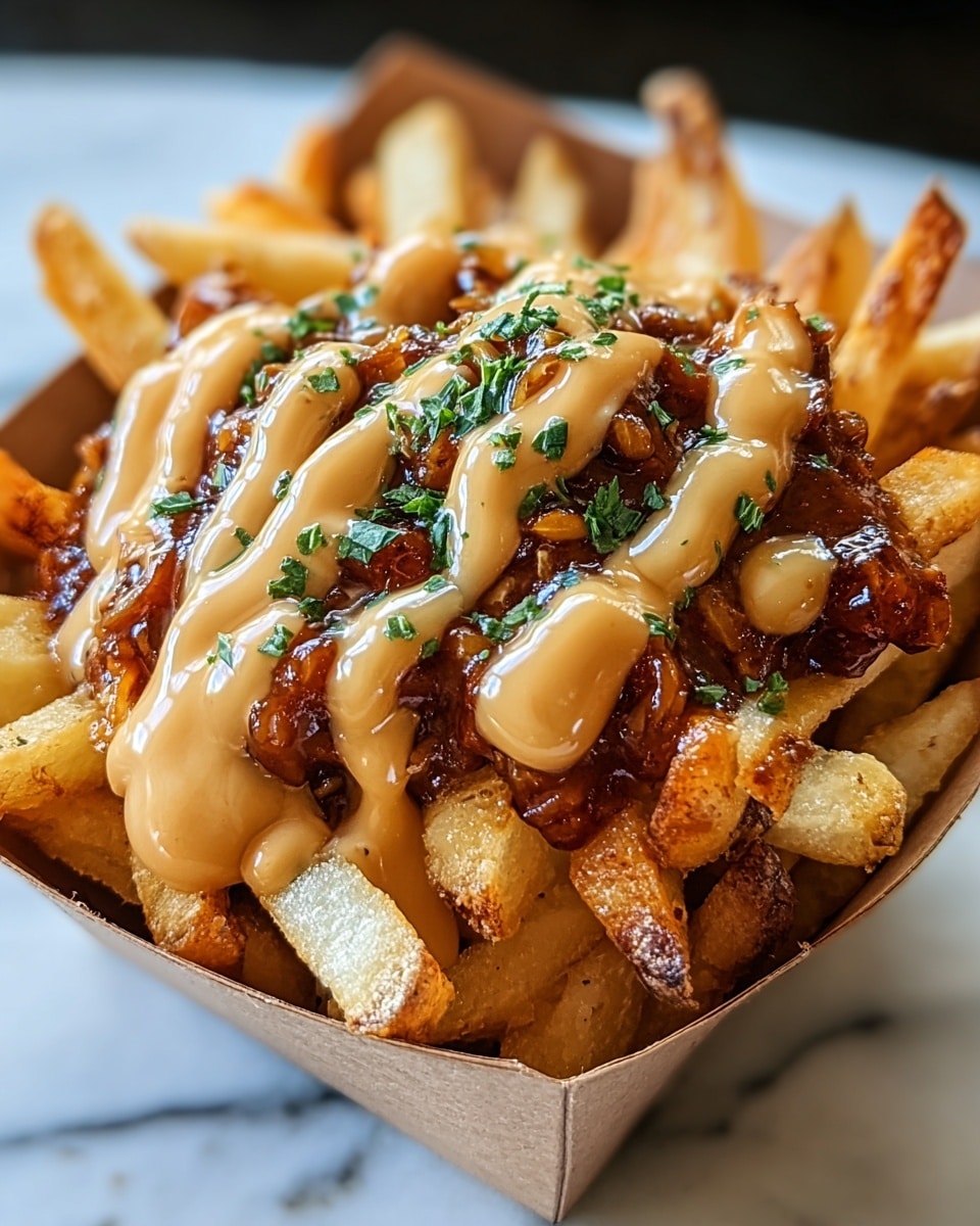 A container filled with golden brown French fries forms the base layer, showing some fries with crispy edges and skin-on texture. On top, there is a glossy, dark red-brown chili layer with a chunky texture. Over the chili, a thick, creamy beige-colored cheese sauce is drizzled generously, giving a smooth and rich look. The dish is finished with small pieces of fresh green herbs sprinkled evenly over the top, adding a touch of color contrast. The container is placed on a white marbled surface. photo taken with an iphone --ar 4:5 --v 7