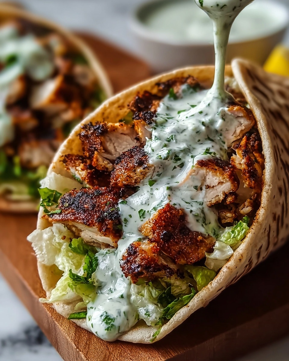 The image shows a close-up of a stuffed pita sandwich held by a woman's hand, placed against a white marbled surface. The sandwich features four clear layers: the bottom layer is a soft, brown pita bread that forms a pocket to hold the filling; inside the pita, there is a layer of chopped fresh green lettuce and diced red tomatoes that add color and freshness; next, generously sized pieces of grilled chicken with a golden, crispy, and slightly charred texture are spread evenly; finally, a creamy white sauce with visible green herb flecks is being poured over the chicken, some dripping down the side, enhancing the appetizing look. photo taken with an iphone --ar 4:5 --v 7