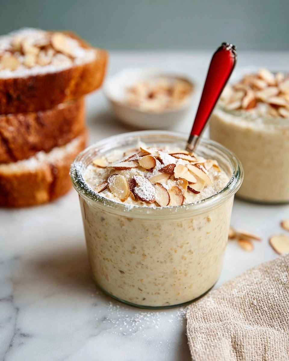 The image shows a clear glass container filled with creamy oatmeal that has a smooth texture with visible specks, topped generously with toasted almond slices that are light golden-brown and dusted with a fine layer of powdered sugar, sitting on a white marbled surface. A red-handled spoon is placed inside the oatmeal, angled towards the right side. In the blurred background, there is a stack of two slices of toasted brown bread with powdered sugar on top, and two more clear glass containers filled with the same almond-topped oatmeal. Part of a beige textured cloth is visible on the right side of the image. Photo taken with an iphone --ar 4:5 --v 7