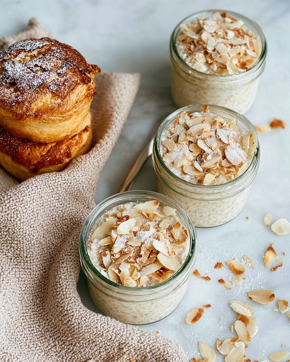 The image shows three glass jars filled with a creamy oatmeal-like mixture topped with plenty of thin, toasted almond slices and dusted with light powdered sugar, creating a textured and layered look. The jars sit on a soft beige knit cloth that adds a cozy contrast. To the left of the jars, there are two golden-brown pastries stacked on top of each other, also sprinkled with powdered sugar and some almond slices visible on the crust. The whole scene is set on a white marbled textured surface with some scattered almond flakes nearby, giving a fresh and inviting feel. Photo taken with an iphone --ar 4:5 --v 7