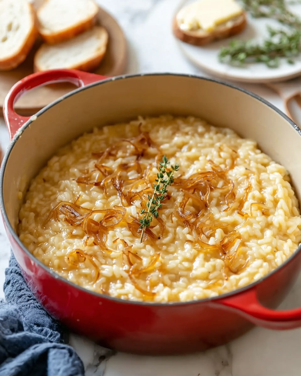 A round orange pot with two handles holds creamy risotto with caramelized onion slices mixed in, showing soft and slightly shiny texture, with a few fresh green thyme sprigs on top. Inside the pot, a wooden spoon is scooping the risotto, revealing the tender, creamy rice underneath. The pot sits on a white marbled surface next to a piece of pale, crusty bread on a wooden board and a round toasted bread roll on a dark plate, with a blue cloth nearby and a white plate with fresh thyme sprigs in the background. photo taken with an iphone --ar 4:5 --v 7
