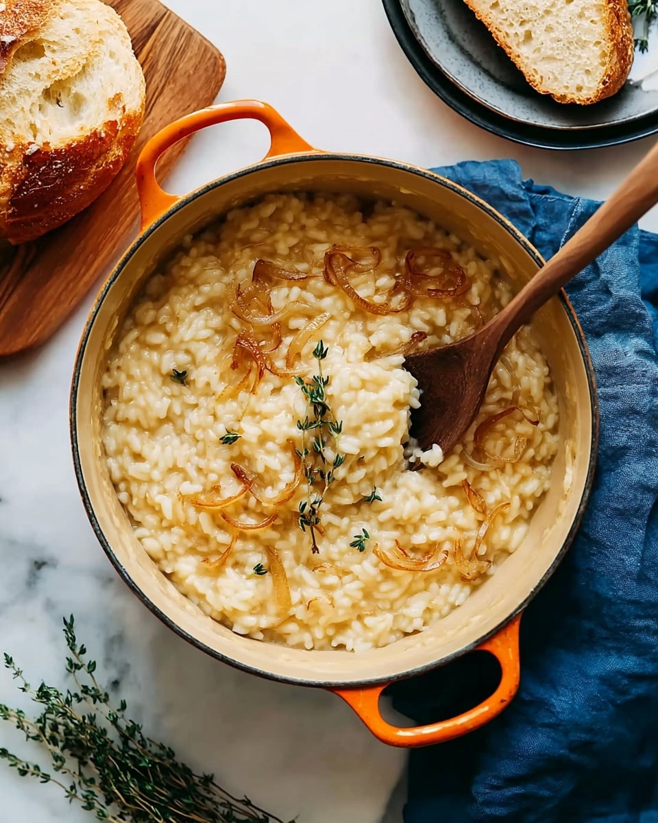 A close-up of a red pot filled with creamy risotto, showing layers of soft, plump rice grains in a light yellow sauce with thin, caramelized onion strips spread evenly on top, garnished with a small sprig of green thyme in the center. In the blurred background, there are slices of bread with spread on a white plate on a white marbled surface, alongside a wooden board and green herbs. The pot's handles are visible with a blue cloth slightly touching one side. photo taken with an iphone --ar 4:5 --v 7