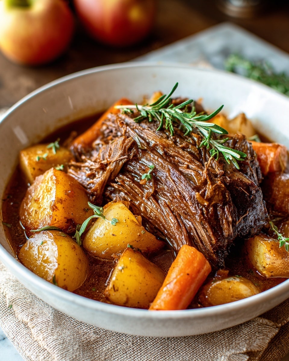 A white bowl holds a hearty dish with three main parts: a large piece of dark brown, tender, shredded pot roast in the center, surrounded by chunky pieces of golden brown roasted potatoes and orange carrot chunks, all coated in a rich brown sauce. Fresh green rosemary sprigs sit on top of the meat and to the side as garnish. The bowl rests on a beige cloth on a white marbled surface, with three apples blurred in the background. photo taken with an iphone --ar 4:5 --v 7