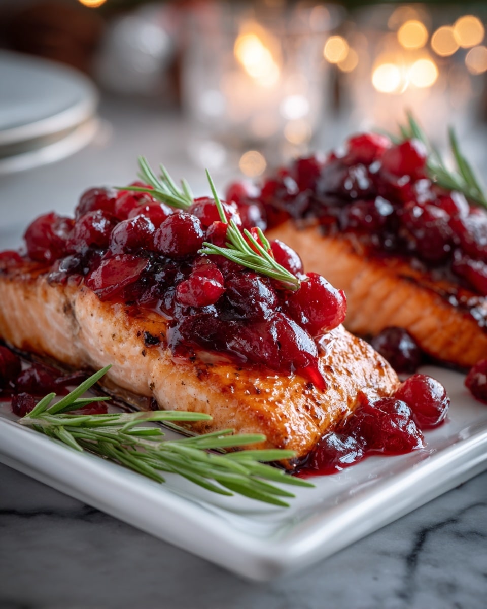 Two pieces of golden brown cooked salmon lay side by side on a white rectangular plate. Each piece is topped with a thick layer of shiny, deep red cranberry sauce with whole cranberries visible, giving a bumpy texture. Small green rosemary sprigs are placed on top and resting beside the salmon, adding a fresh touch. The plate is set on a white marbled surface with soft bokeh lights in the background. photo taken with an iphone --ar 4:5 --v 7