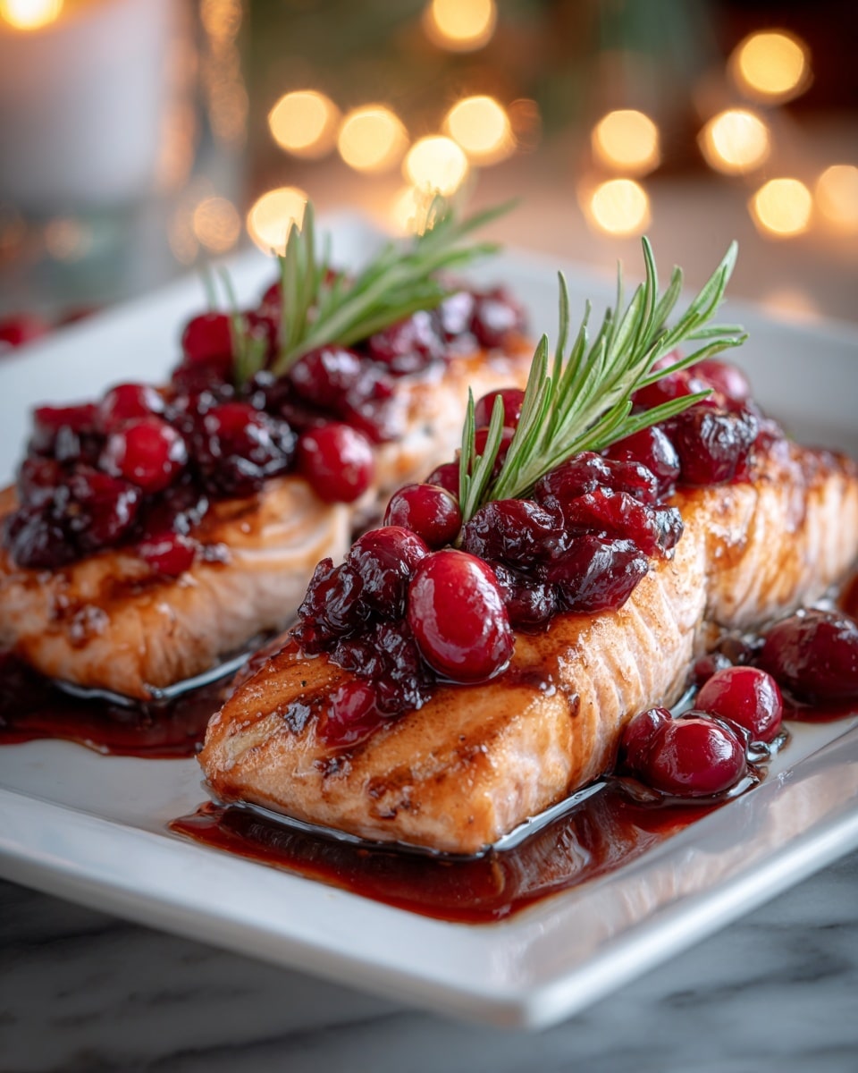 Two pieces of cooked salmon fillets lie side by side on a white rectangular plate. Each fillet, with a light brown, slightly crispy texture and visible grill marks, is topped with a glossy, deep red cranberry sauce that contains whole cranberries and small bits of sauce. Small green sprigs of rosemary sit on top of the sauce, adding contrast. Extra sauce with whole cranberries pools gently around the edges of the salmon on the plate. The background is softly blurred with warm yellow lights, and the whole setting rests on a white marbled surface. Photo taken with an iphone --ar 4:5 --v 7