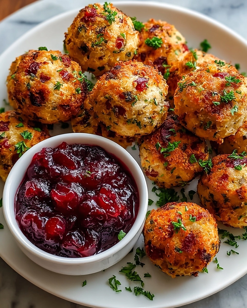 The image shows a plate with ten round, golden-brown balls that have a crispy outer layer with small bits of green herbs and red pieces on them, giving a textured look. The balls are arranged next to a small white bowl filled with chunky, deep red cranberry sauce that has visible pieces of fruit and herbs on top. The plate is white and is set on a white marbled surface, with some chopped green herbs scattered around the balls and bowl, adding a fresh touch. photo taken with an iphone --ar 4:5 --v 7