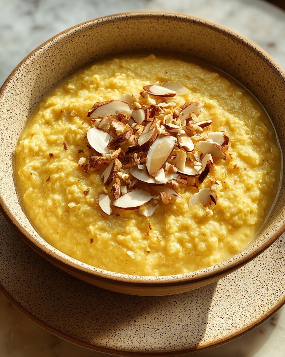 A creamy yellow porridge with a thick texture is served in a speckled bowl, sitting on a matching plate. On top of the porridge is a small pile of sliced almonds and some finely chopped nuts, adding a crunchy, light brown detail to the smooth yellow base. The bowl is placed on a white marbled surface, and the lighting highlights the porridge's cozy and rich appearance. photo taken with an iphone --ar 4:5 --v 7