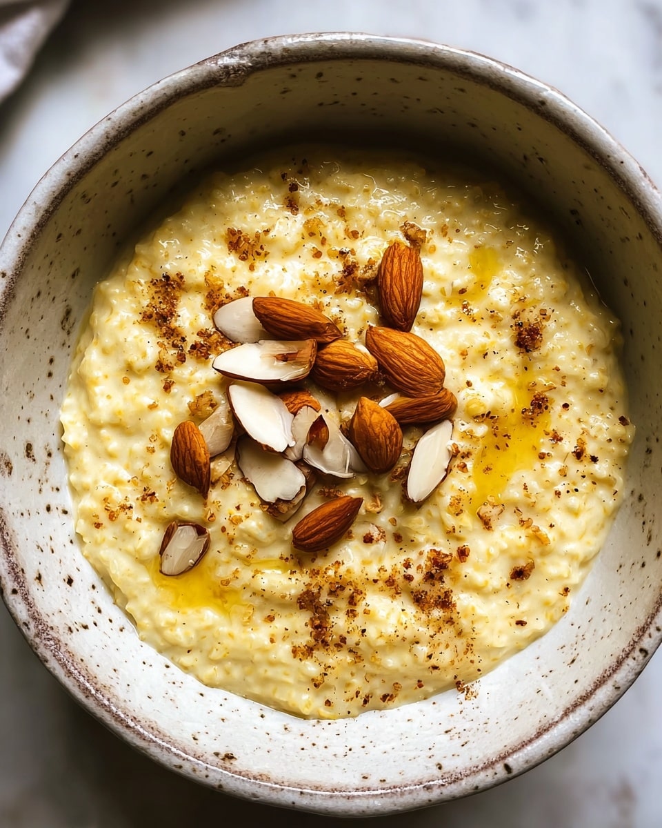 A close-up image of a thick, creamy porridge in a speckled ceramic bowl. The porridge is light yellow with a grainy texture, topped with several sliced almonds arranged in the center. There are small specks of brown spice sprinkled evenly over the porridge and a slight drizzle of golden liquid around the almonds. The bowl rests on a white marbled surface with soft natural lighting creating gentle shadows. photo taken with an iphone --ar 4:5 --v 7