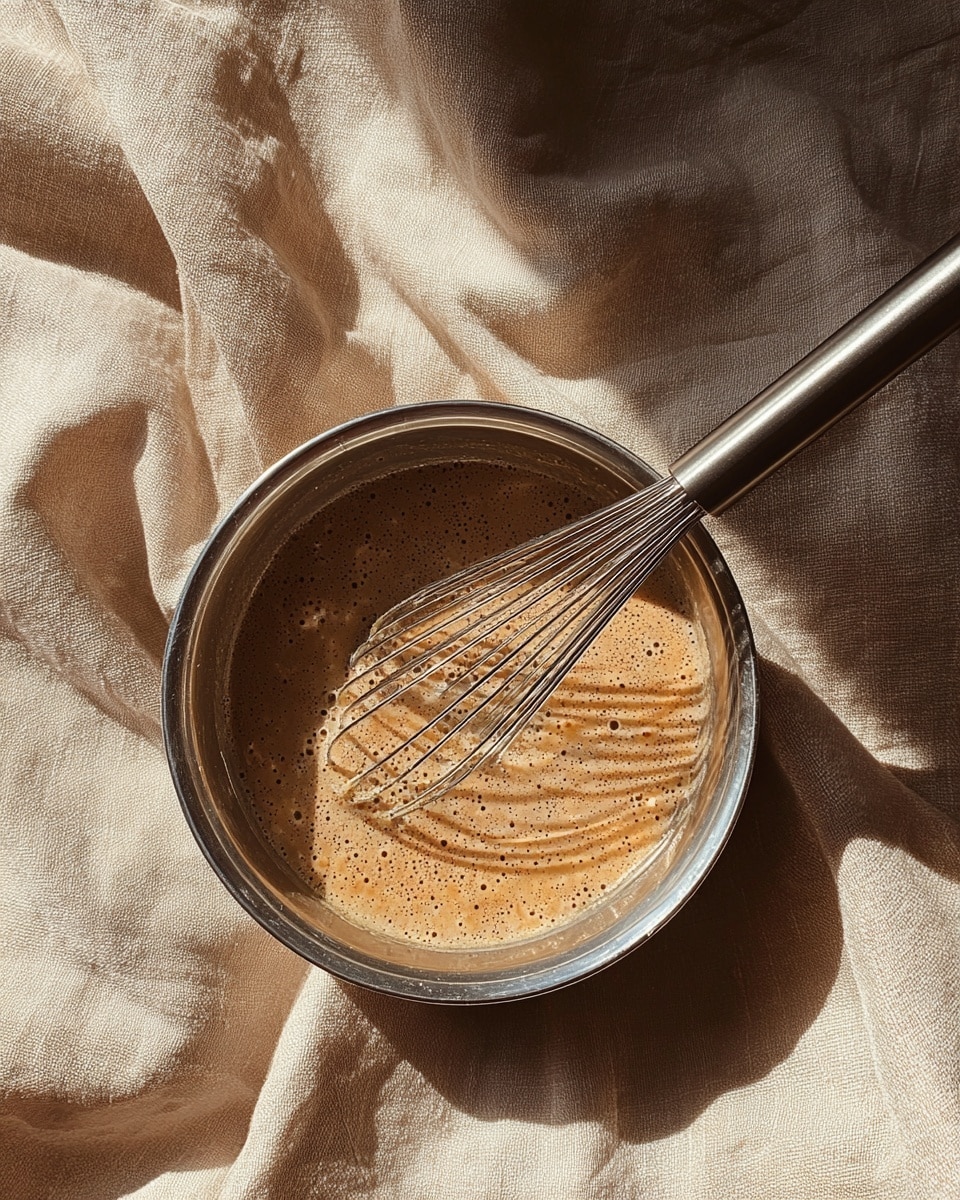 A metal bowl filled with a light brown, slightly bubbly mixture with a smooth and creamy texture, resting on a beige cloth with soft folds and shadows. Inside the bowl is a shiny silver whisk partially dipped in the mixture, casting shadows on the mixture and bowl. The scene is lit by warm natural light that creates soft light and shadow play on the cloth and metal bowl. photo taken with an iphone --ar 4:5 --v 7