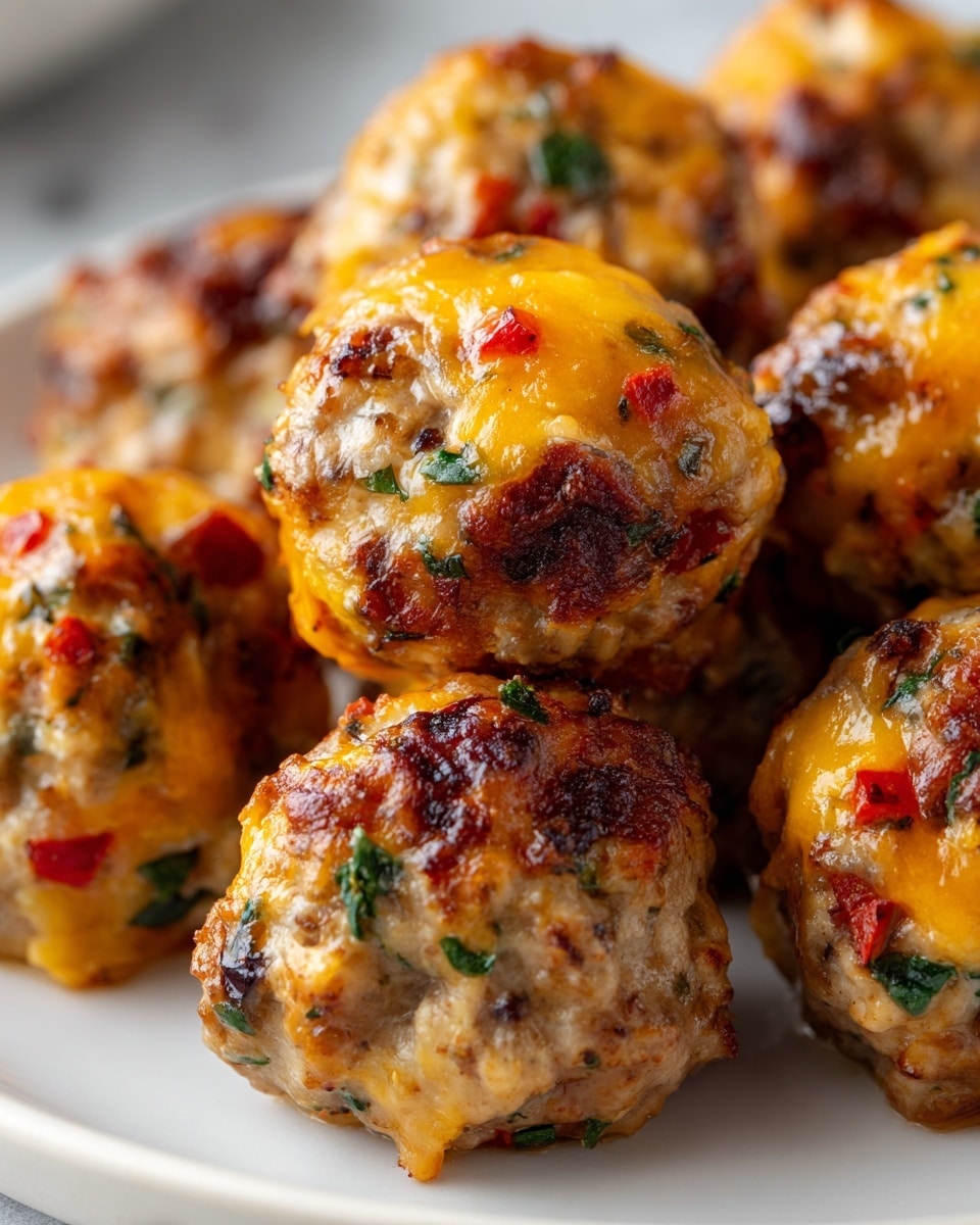 The image shows several small, round baked meatballs on a white plate, each packed with visible layers of melted orange cheddar cheese, small red bell pepper pieces, green herbs, and browned crispy bits on the surface. Each meatball has a textured, mixed appearance with a juicy and slightly crispy outer layer, speckled with colorful bits of vegetables and herbs evenly distributed throughout the golden-brown meat. The close-up shot highlights the shiny, moist cheese melted into the meatballs' surfaces, creating a mouthwatering look against the subtle white marbled background. Photo taken with an iphone --ar 4:5 --v 7