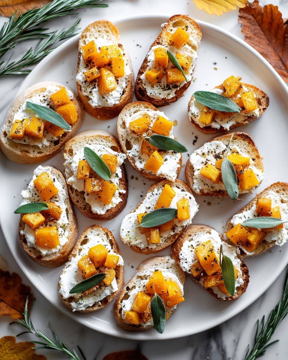 A white plate holds fifteen slices of toasted bread, each topped with a layer of creamy white cheese. On top of the cheese are small, bright orange cubes of roasted squash scattered lightly with black pepper and herbs. Each piece is garnished with a single dark green sage leaf, adding contrast and a touch of freshness. The plate sits on a white marbled surface, surrounded by autumn leaves and sprigs of rosemary, enhancing the seasonal feel of the dish. Photo taken with an iphone --ar 4:5 --v 7