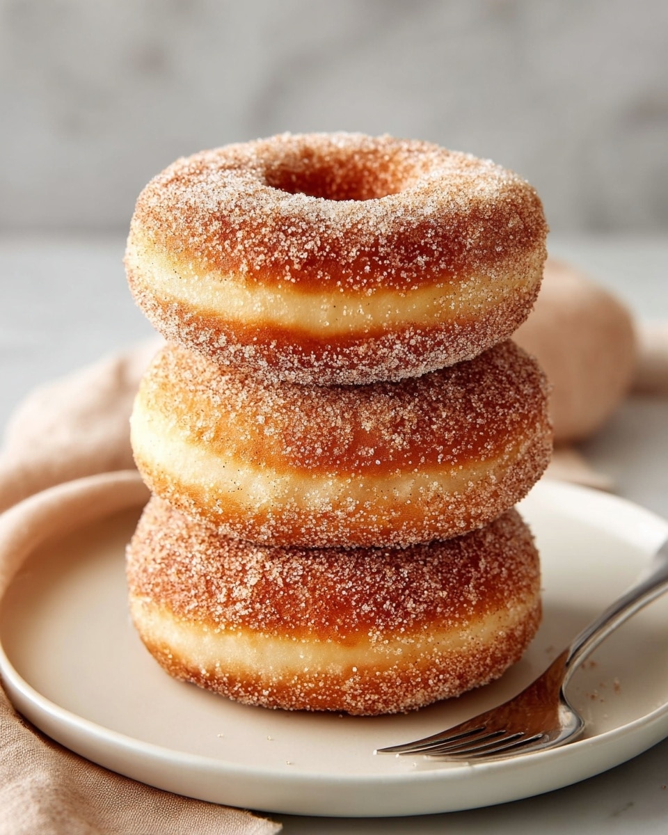 A stack of three sugar-coated cinnamon donuts sits on a plain white plate, each donut showing a golden brown outer layer speckled with fine granulated sugar crystals, with the middle section of each donut lighter in color and soft in texture; a metal fork rests to the right side of the plate, and the scene is set against a white marbled texture with a soft beige cloth edge on the left side. photo taken with an iphone --ar 4:5 --v 7