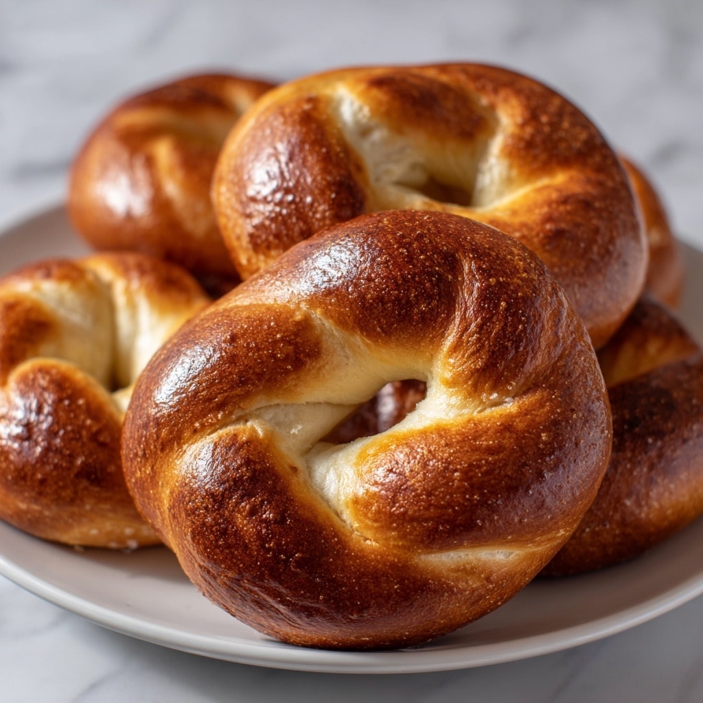 The image shows a close-up of several freshly baked ring-shaped breads stacked on a white plate. Each bread has a shiny, golden-brown crust with a smooth, twisted texture that shows light and dark brown color variations from baking. The rings appear soft and fluffy inside, with a slightly glossy finish on the outer surface, highlighting their fresh and appetizing look. The background is a white marbled texture that contrasts gently with the warm tones of the bread. photo taken with an iphone --ar 4:5 --v 7