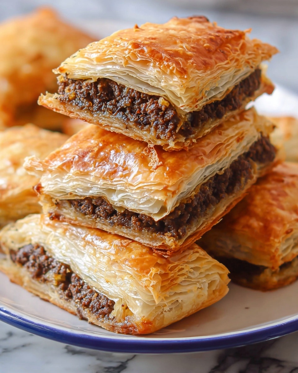 A stack of square-shaped pastries with a golden brown, crispy, and flaky top layer showing many thin, delicate layers. The middle layer is filled with dark brown minced meat, tightly packed and slightly crumbly in texture, sandwiched between the flaky top and bottom pastry layers. The bottom pastry is equally golden and flaky, creating a strong base. The pastries are piled on a white plate with a blue rim, placed on a white marbled surface. photo taken with an iphone --ar 4:5 --v 7