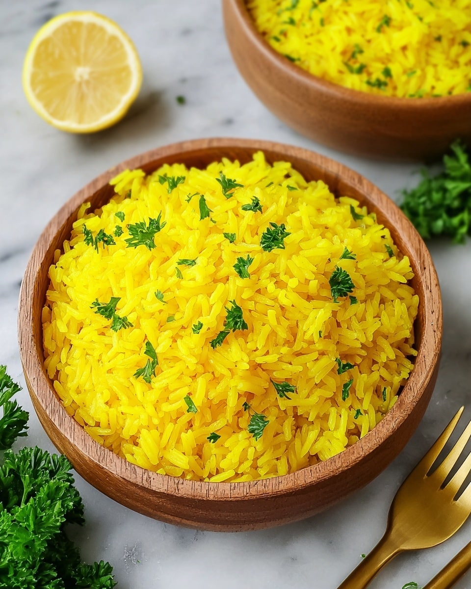 A round white wooden bowl is filled with bright yellow rice, which looks fluffy and well-cooked with individual grains visible. The rice is topped with small green parsley leaves scattered evenly on the surface, adding a fresh touch. In the background, there is another bowl with more yellow rice and some green leafy herbs along with a halved lemon on the right side. Two golden forks lie near the bottom right corner on a white marbled surface, creating a simple yet appealing scene. Photo taken with an iphone --ar 4:5 --v 7
