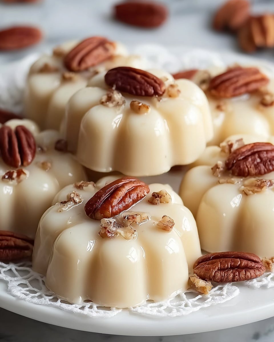 The image shows several small, creamy white desserts shaped like flowers, each with a smooth, slightly shiny surface. They are arranged closely together on a white plate with a delicate lace paper underneath. Each dessert has a pecan half placed on top, along with small pieces of chopped pecans scattered around the center. The edges of the desserts are gently scalloped, giving a soft texture. The overall look is rich and smooth with the warm brown nuts adding contrast. The background is a white marbled texture. photo taken with an iphone --ar 4:5 --v 7