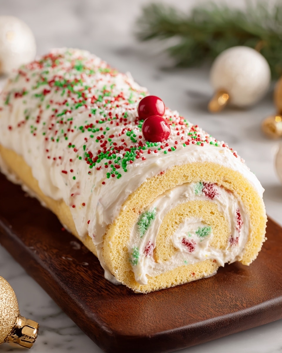 A yellow sponge cake rolled into a spiral with a thick layer of white cream filling inside that has small red and green bits mixed in, topped with a smooth white icing layer decorated with red, green, and white sprinkles across the surface. Two small red round candies sit on top near the back of the roll. The roll is placed on a dark wooden board set on a white marbled texture surface. In the background, some out-of-focus gold and white Christmas ornaments and green pine needles are visible. Photo taken with an iphone --ar 4:5 --v 7