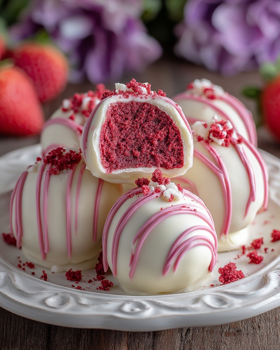 The image shows five round red velvet cake balls on a white decorative plate, each covered in smooth white chocolate with thin pink and darker pink drizzle stripes on top. One cake ball is cut open, revealing a moist red cake interior with a slightly crumbly texture. Small red crumbs and a few white sprinkles are scattered on top of the balls and the plate. The plate sits on a wooden surface with blurred strawberries and purple flowers in the background. Photo taken with an iphone --ar 4:5 --v 7