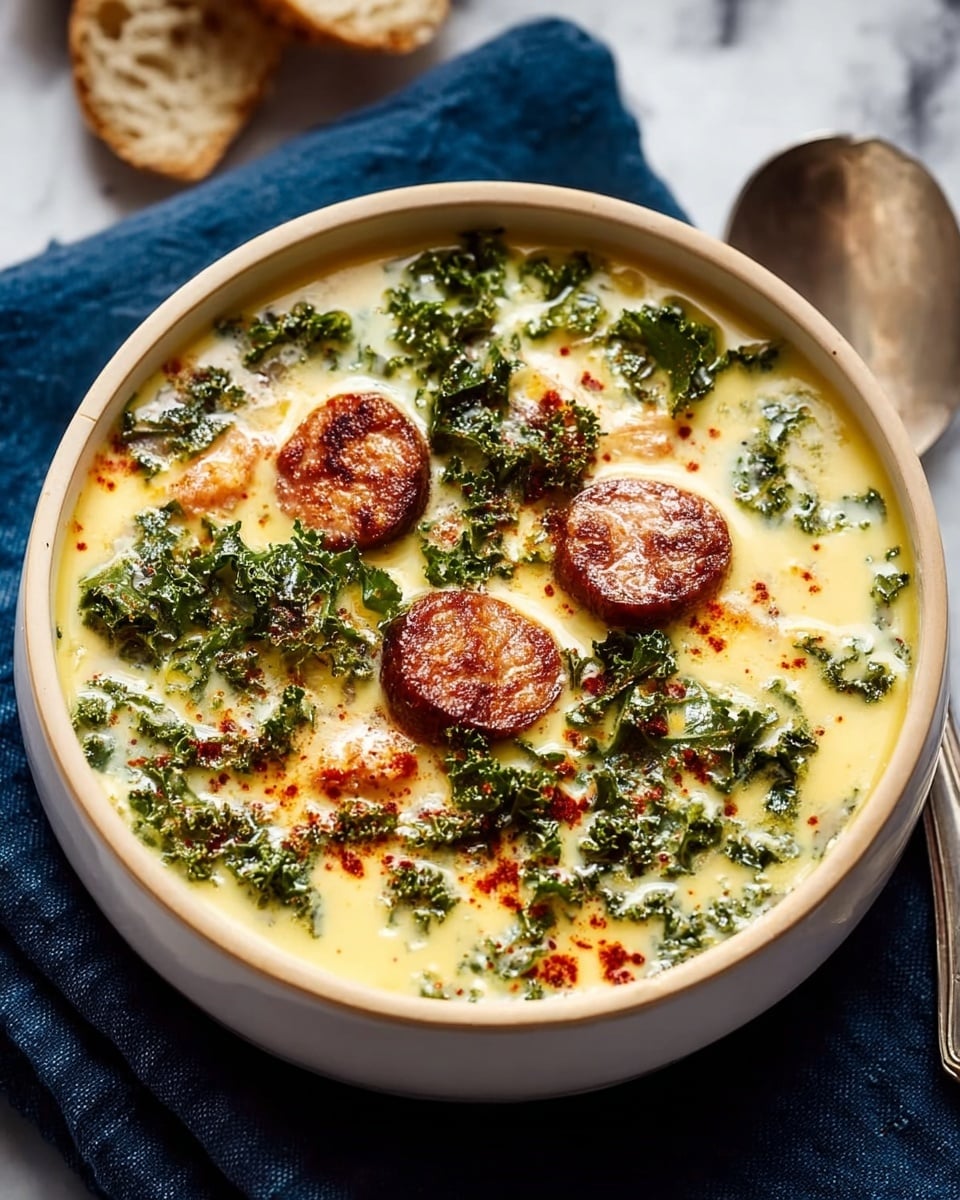 A bowl filled with creamy light yellow soup as the base layer, topped with dark green curly kale pieces scattered evenly, and several browned slices of sausage sitting on top, sprinkled with reddish paprika powder for a vibrant touch, all inside a white bowl with a light tan rim placed on a dark blue cloth on a white marbled surface, with a spoon beside the bowl and pieces of bread blurred in the background, photo taken with an iphone --ar 4:5 --v 7