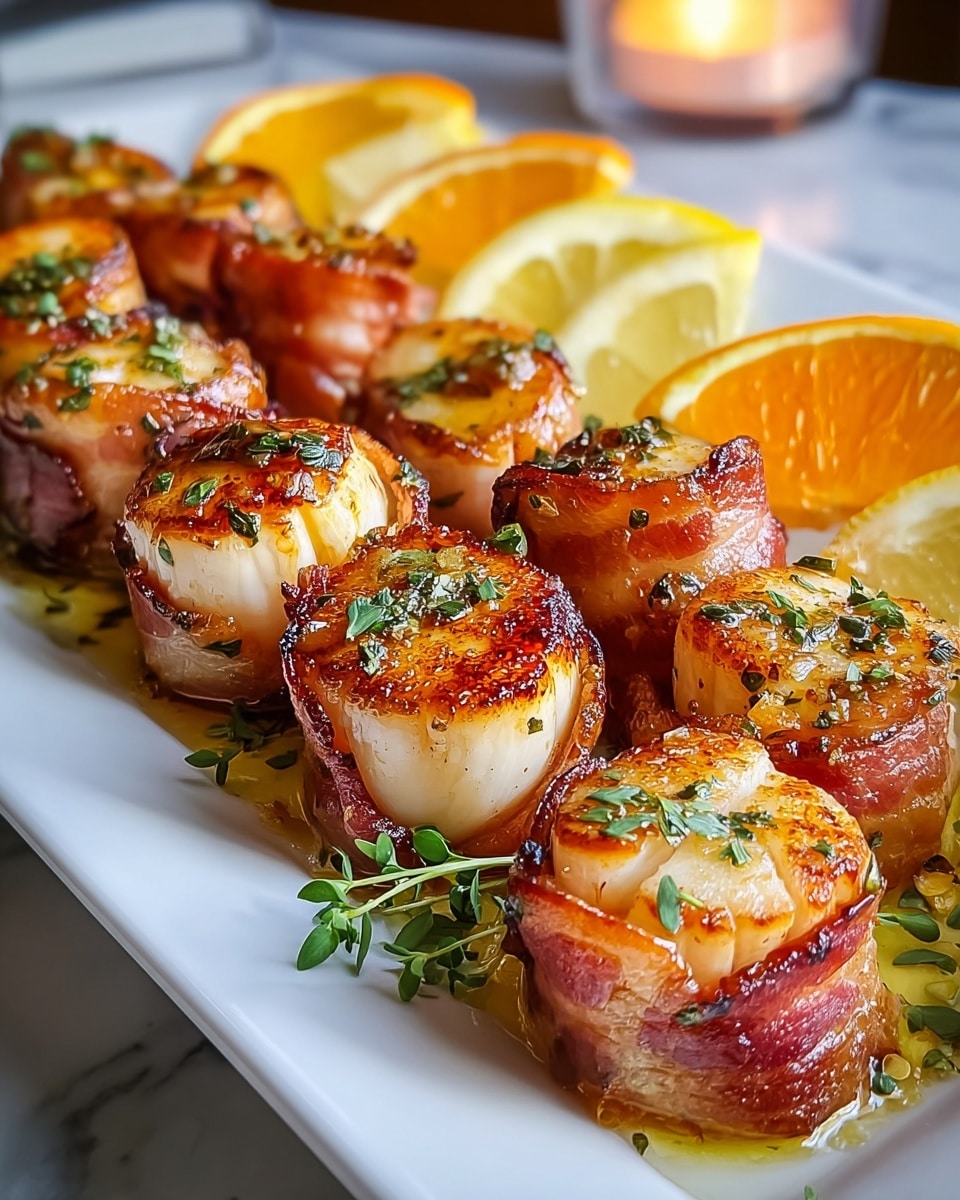 The dish shows a single layer of seared scallops wrapped in crisp bacon, browned and glistening with herbs on top, arranged in a neat row on a white rectangular plate. Behind the scallops, there are wedges of yellow lemon and bright orange orange slices peeking over the top, adding vibrant color contrast. Small green herb sprigs sit at the front side of the plate, enhancing the fresh look. The plate rests on a white marbled surface with warm light softly illuminating the glossy textures of the scallops and bacon. photo taken with an iphone --ar 4:5 --v 7