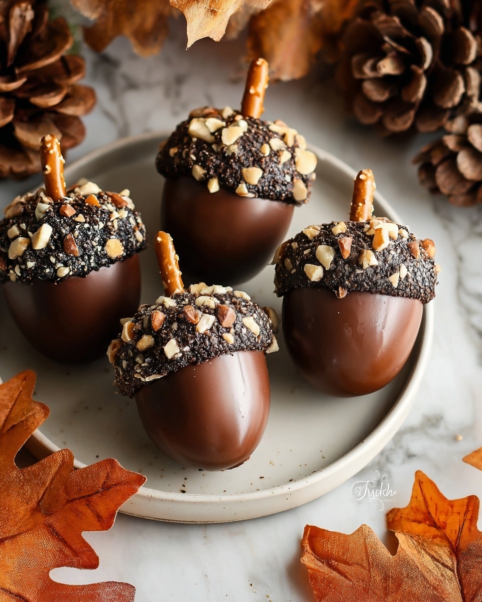The image shows four acorn-shaped treats placed on a white plate, each consisting of a smooth, shiny brown nut-like bottom layer that looks like chocolate-covered or caramel-glazed, sitting on a dark, crumbly chocolate base. The top part mimics an acorn cap, coated in a darker chocolate layer with a rough texture, sprinkled with small white, beige, and light brown nut pieces. Each acorn has a small pretzel stick inserted at the top to mimic an acorn stem. Around the plate, there are brown pine cones and orange, autumn-colored maple leaves on a white marbled surface, adding a seasonal feel. photo taken with an iphone --ar 4:5 --v 7