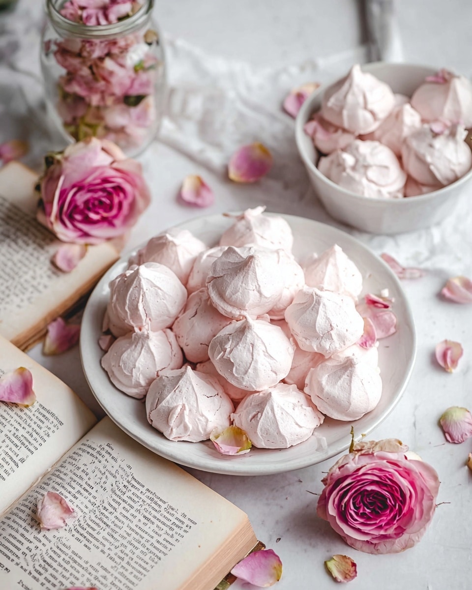 A group of small light pink meringue cookies arranged on a white marbled surface, each with a smooth, airy texture and crisp edges. Scattered among the meringues are a few soft pink rose petals, adding a delicate contrast with their slightly wrinkled and layered appearance. The overall scene feels light and airy with a soft color palette dominated by pastel pinks and whites. photo taken with an iphone --ar 4:5 --v 7