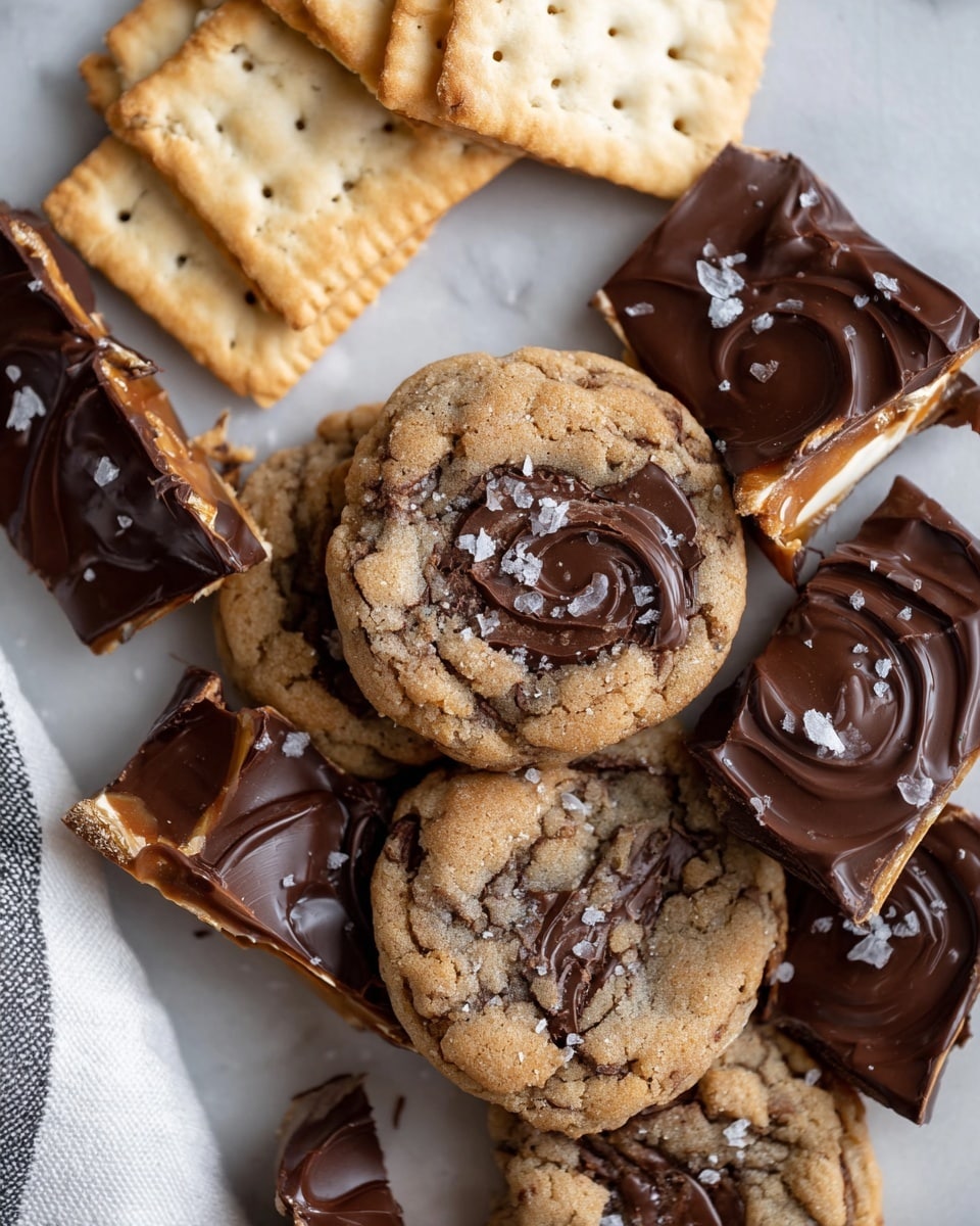 The image shows a close-up view of several cookies with a rough, cracked surface, mixed with dark chocolate swirls and topped with small flakes of salt. Around the cookies are pieces of broken chocolate toffee bark, with a thick layer of glossy dark chocolate on top and a crunchy toffee base visible underneath. On the upper left side, there is a small stack of square saltine crackers, slightly toasted and pale golden with small holes on their surface. All items rest on a flat surface with a white marbled texture. photo taken with an iphone --ar 4:5 --v 7