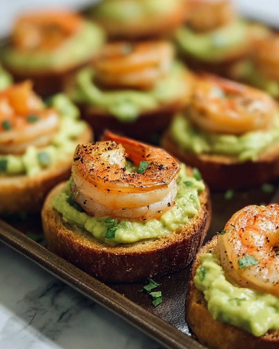 The image shows small toasted bread rounds as the base layer, golden brown with a crisp texture. On top of each bread slice is a thick, creamy layer of light green avocado spread with some small green herb pieces mixed in. The top layer features a single cooked shrimp with a slightly charred, orange-pink color, lightly seasoned with black pepper. These stacked layers are arranged closely together on a dark tray, all set against a white marbled texture background. photo taken with an iphone --ar 4:5 --v 7