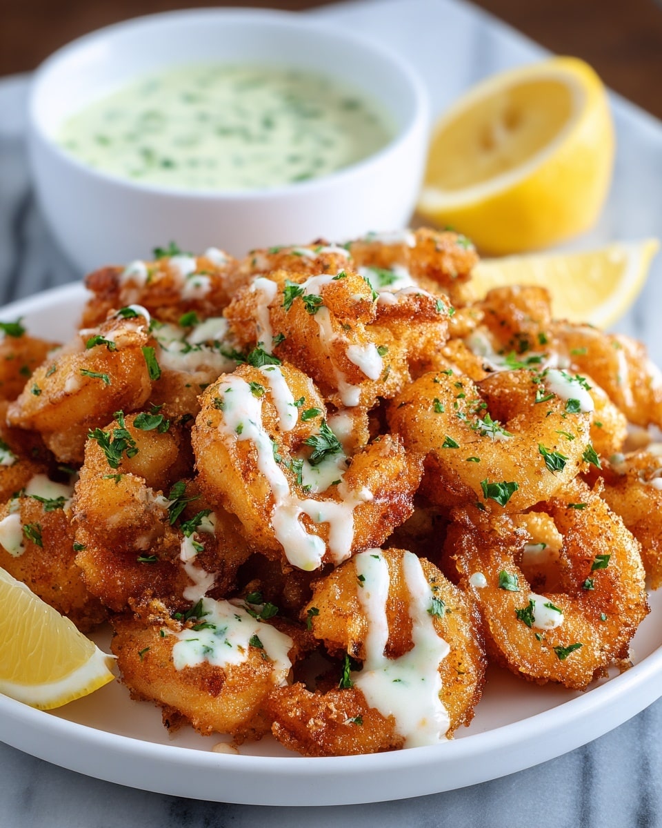 A white plate holds a pile of golden-brown fried shrimp with a crispy texture, each piece drizzled with white creamy sauce and sprinkled with small green parsley flakes. To the side, there are two lemon wedges with a bright yellow color. In the background, a white bowl filled with light green creamy dipping sauce with small green herbs is visible. All of this is set on a white marbled surface. photo taken with an iphone --ar 4:5 --v 7