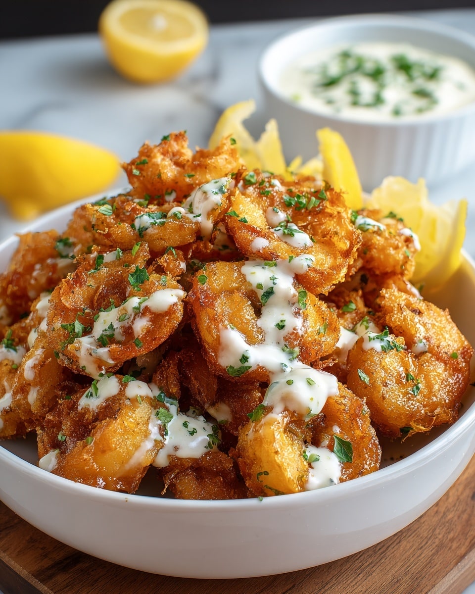 A white bowl filled with a stack of golden brown fried shrimp, each piece crispy with a rough texture. The shrimp are drizzled with a white creamy sauce and sprinkled with chopped green herbs. To the side of the bowl, there are bright yellow lemon wedges. In the background, a small white bowl contains a thick white dip with green garnish on top. The setting rests on a white marbled surface. photo taken with an iphone --ar 4:5 --v 7