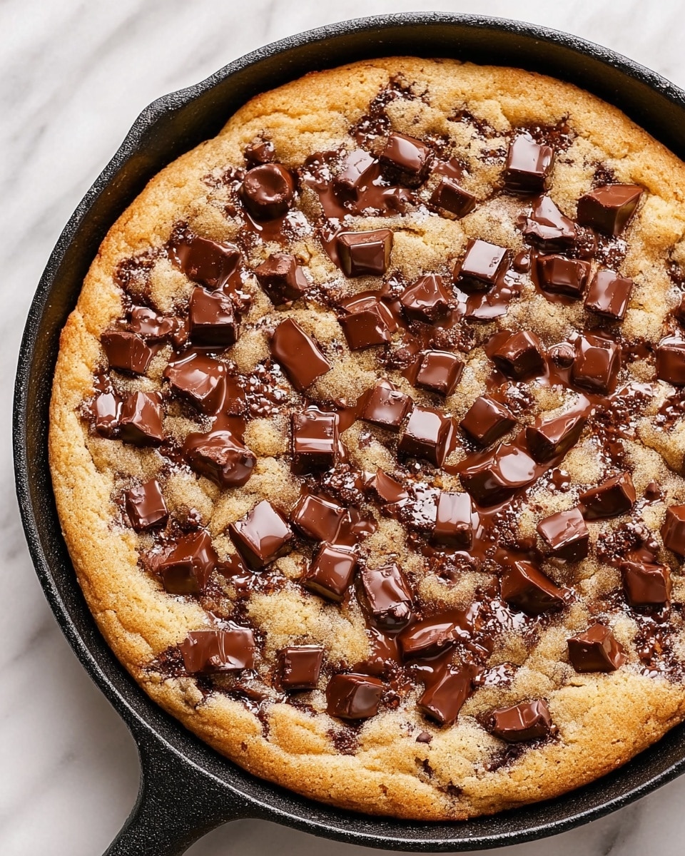 A large cookie baked in a black cast iron pan, golden brown in color with a slightly crispy edge and a soft-looking center. The cookie has large chunks of melted dark chocolate scattered evenly across the top, along with small pieces of walnuts adding texture and contrast. One slice is cut out from the cookie, showing the thick, chewy inside with gooey chocolate. The black pan contrasts with the white marbled surface underneath, highlighting the warm tones of the cookie. photo taken with an iphone --ar 4:5 --v 7