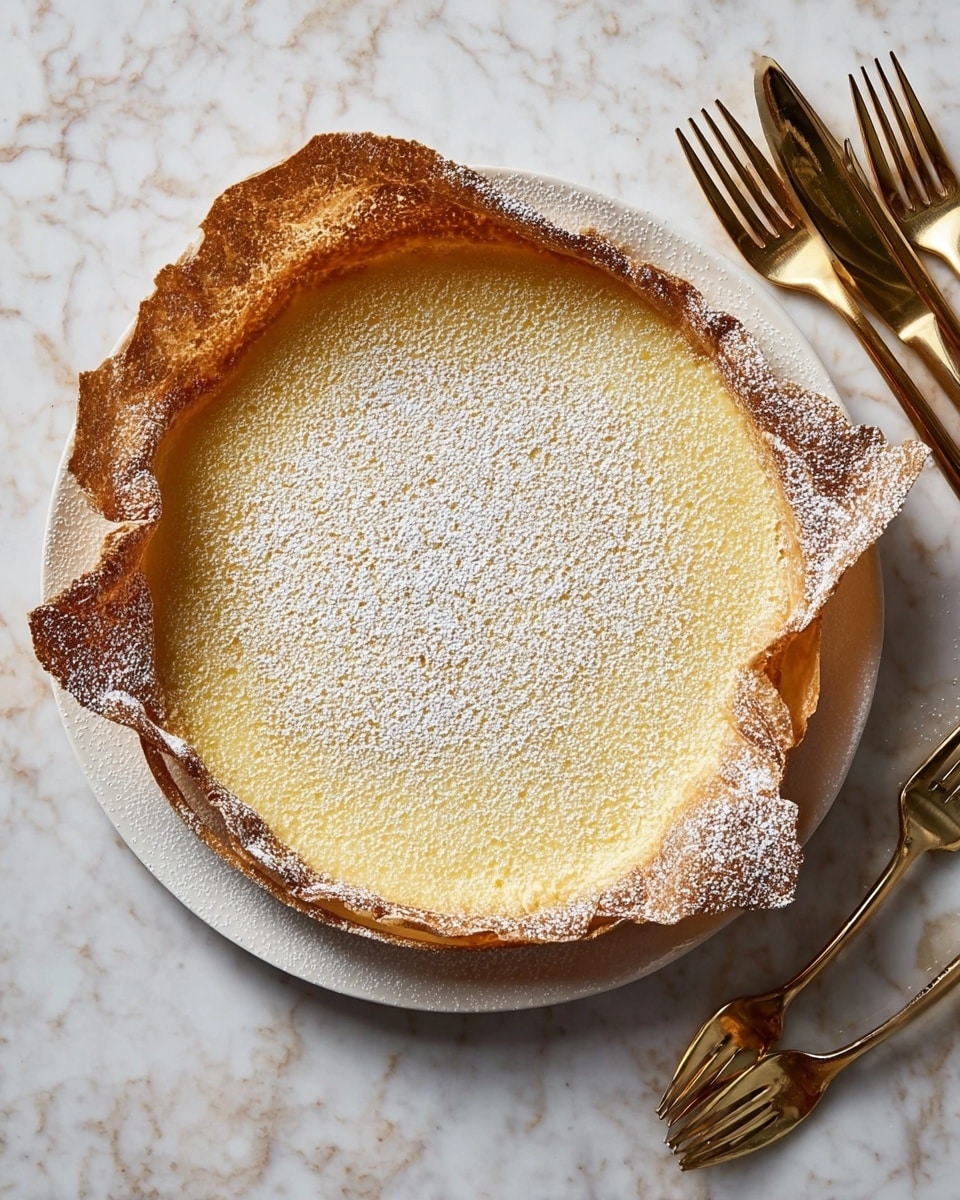 A round dessert with four thin, crispy golden-brown layers of delicate pastry slightly lifted and uneven at the edges, forming a rustic crust. The center layer is smooth with a light yellow custard filling sprinkled evenly with white powdered sugar. The dessert sits on a white plate placed on a white marbled surface. To the right of the plate, there are three gold-colored forks and three gold-colored knives arranged neatly. Photo taken with an iphone --ar 4:5 --v 7