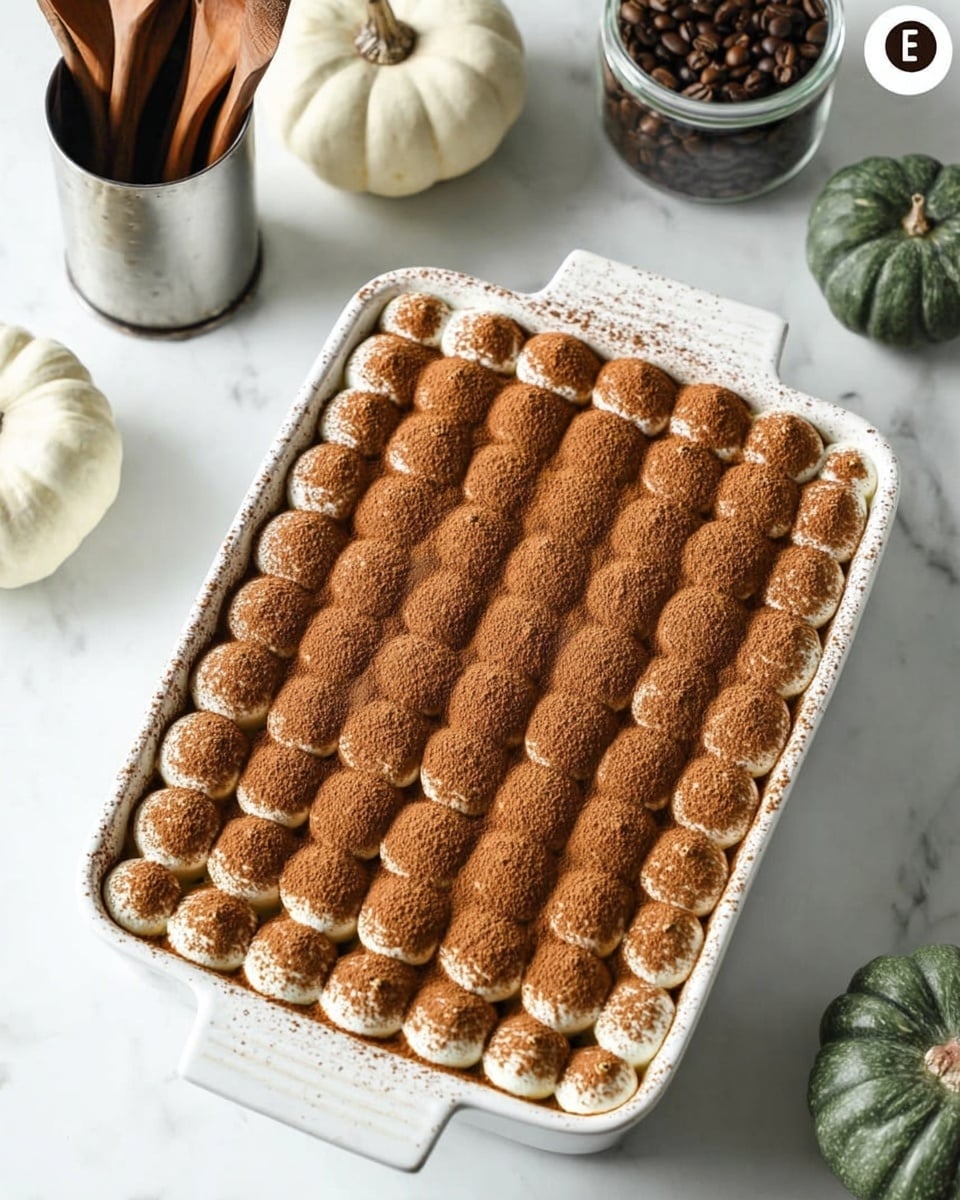 The image shows a white rectangular baking dish filled with a dessert that has one main visible layer made of small dollops of cream or mousse arranged closely together in a grid pattern. Each dollop is light beige, almost white at the base, and is dusted with a layer of brown cocoa powder, giving a soft, powdery texture on top. The dish is placed on a white marbled surface, surrounded by kitchen items like a glass jar filled with coffee beans, a metal container holding wooden spoons, and two decorative green pumpkins. The overall look is neat and inviting, with the dessert’s creamy texture and cocoa powder creating a warm contrast. photo taken with an iphone --ar 4:5 --v 7