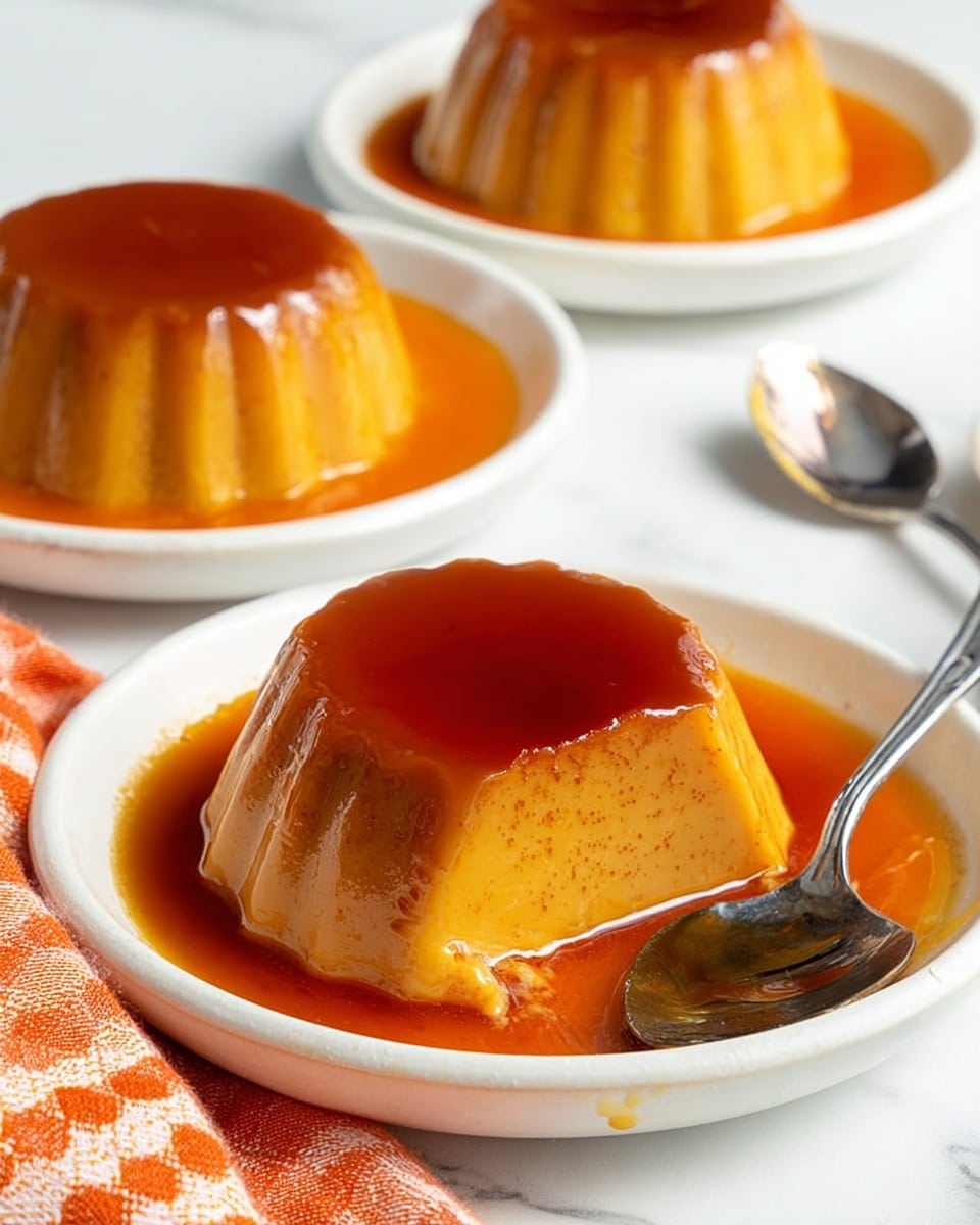 The image shows three small white round bowls filled with a smooth caramel flan dessert that has a shiny, golden-brown top layer with a soft, gel-like texture. The flan has a rounded dome shape with slight ridges around the sides. It sits in a golden caramel sauce that pools around the base of the flan in each bowl. One spoon rests inside the bowl in the foreground, touching the caramel sauce near the flan. The bowls are placed on a bright white marbled textured surface with an orange and white checkered cloth partially visible in the bottom left corner. photo taken with an iphone --ar 4:5 --v 7