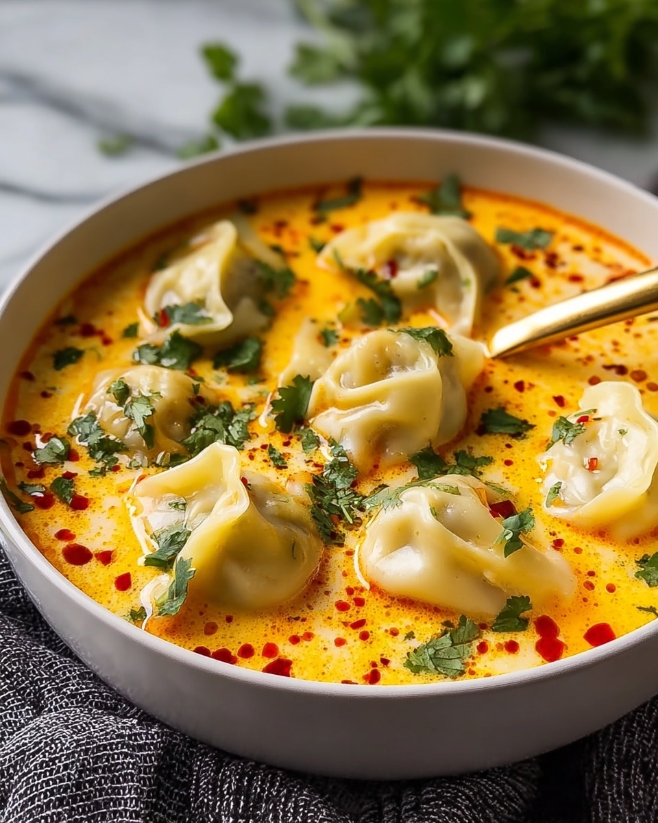 A close-up view of a white bowl filled with six soft, dumpling-like wontons floating in a bright orange-yellow creamy soup. The soup has small red chili oil droplets speckled throughout, adding vibrant color. Fresh green cilantro leaves are sprinkled evenly on top of the soup, introducing a fresh, leafy texture. A shiny gold spoon rests inside the bowl on the right side, partially submerged. The bowl is placed on a dark-textured cloth with blurred greenery in the background, all set on a white marbled surface. photo taken with an iphone --ar 4:5 --v 7