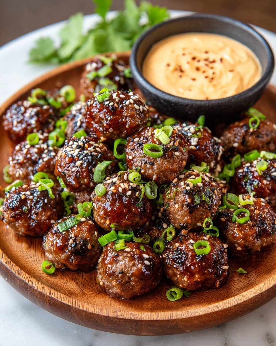 A round wooden plate holds a pile of dark brown glazed meatballs topped with white and black sesame seeds and bright green chopped scallions scattered over them. The meatballs are shiny with a sticky sauce and arranged closely together, filling most of the plate. On the upper right side of the plate, there is a small black stone bowl filled with a creamy light orange dipping sauce with a slight swirl and specks of seasoning on top. The plate is set on a white marbled surface, and in the background, some green leafy garnish is partially visible. photo taken with an iphone --ar 4:5 --v 7
