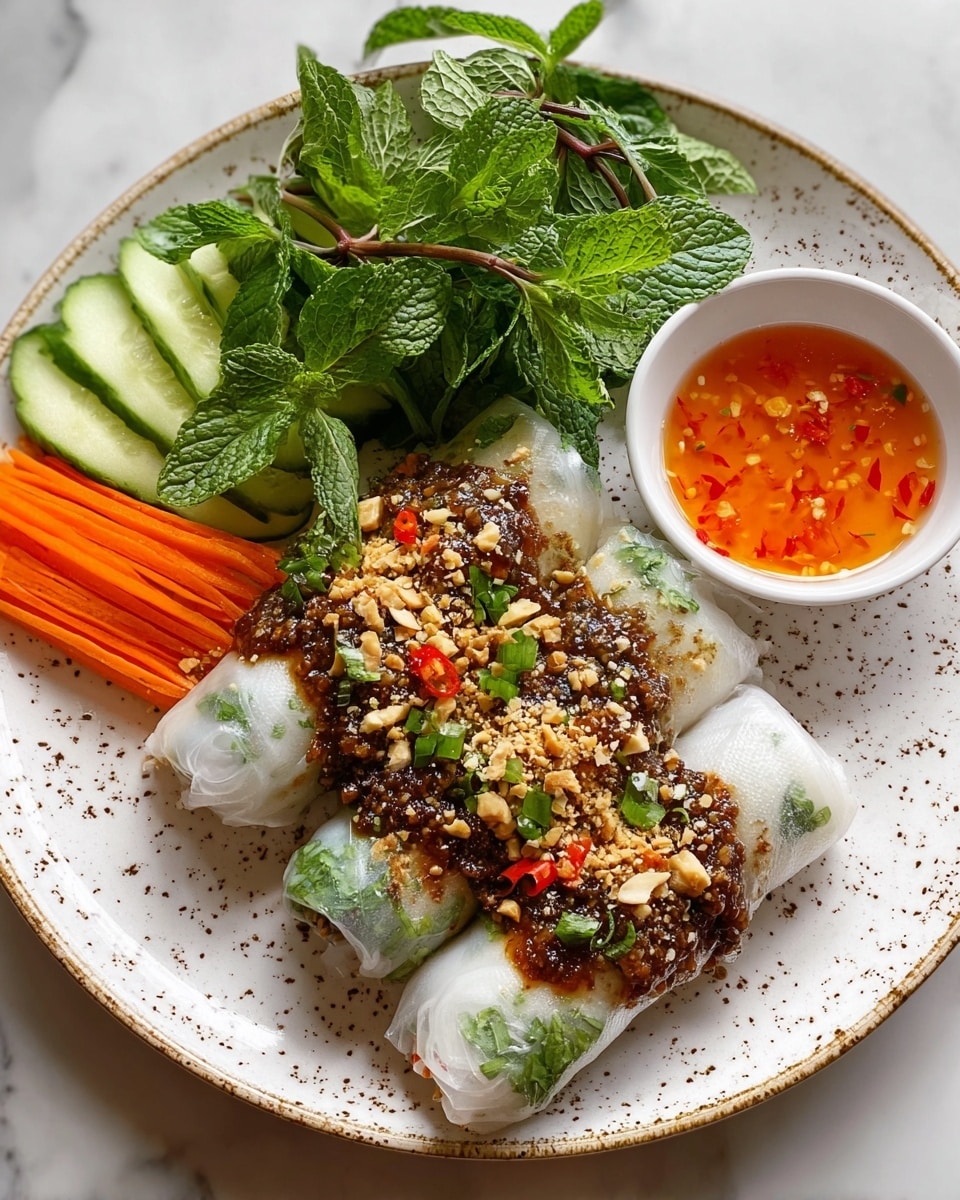 The dish shows four translucent spring rolls placed side by side on a white speckled plate, each filled with green leafy herbs and white noodles visible through the rice paper. A dark, chunky sauce with ground meat, chopped peanuts, green onions, and small red chili pieces is spread thickly over the spring rolls, with a slight puddle of sauce underneath them. To the left of the rolls, thin slices of light green cucumber and bright orange shredded carrots sit below a generous bunch of fresh, dark green mint leaves. In the top right corner of the plate, a small white bowl holds a bright orange-red dipping sauce with bits of chili and garlic visible. The plate is set on a white marbled surface. photo taken with an iphone --ar 4:5 --v 7