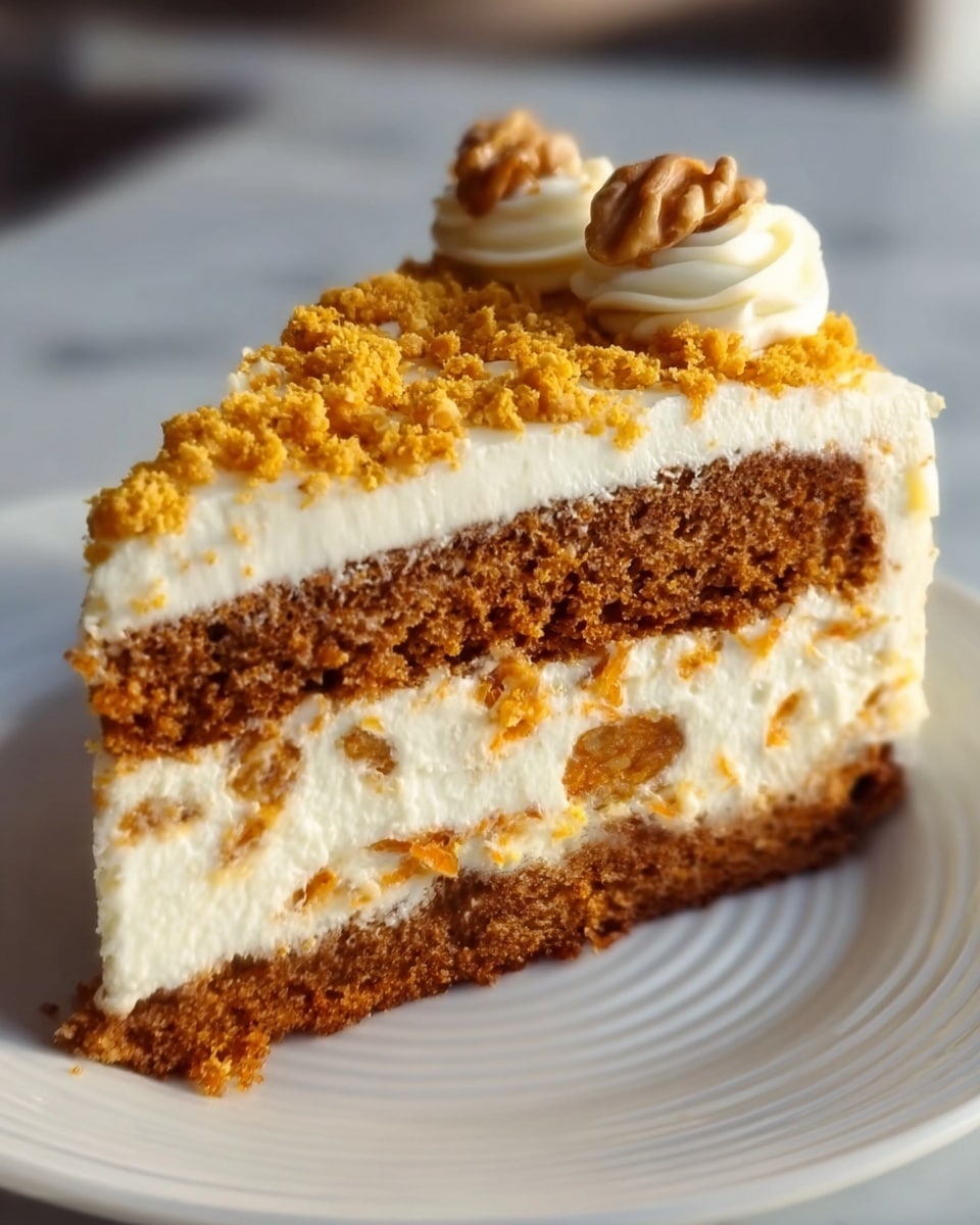 A slice of layered carrot cake sits on a white plate, placed on a white marbled surface. The bottom layer is a dense brown cake with visible orange carrot bits, topped with a thick white cream cheese frosting. Above this frosting is another layer of the brown carrot cake, followed by a generous top layer of smooth white cream cheese frosting that extends down the sides, evenly covering the slice. The cake is topped with small golden-brown crumbs sprinkled over the frosting and a whole walnut placed near the top edge. The texture of the cake looks moist and crumbly, while the frosting is creamy and smooth. photo taken with an iphone --ar 4:5 --v 7