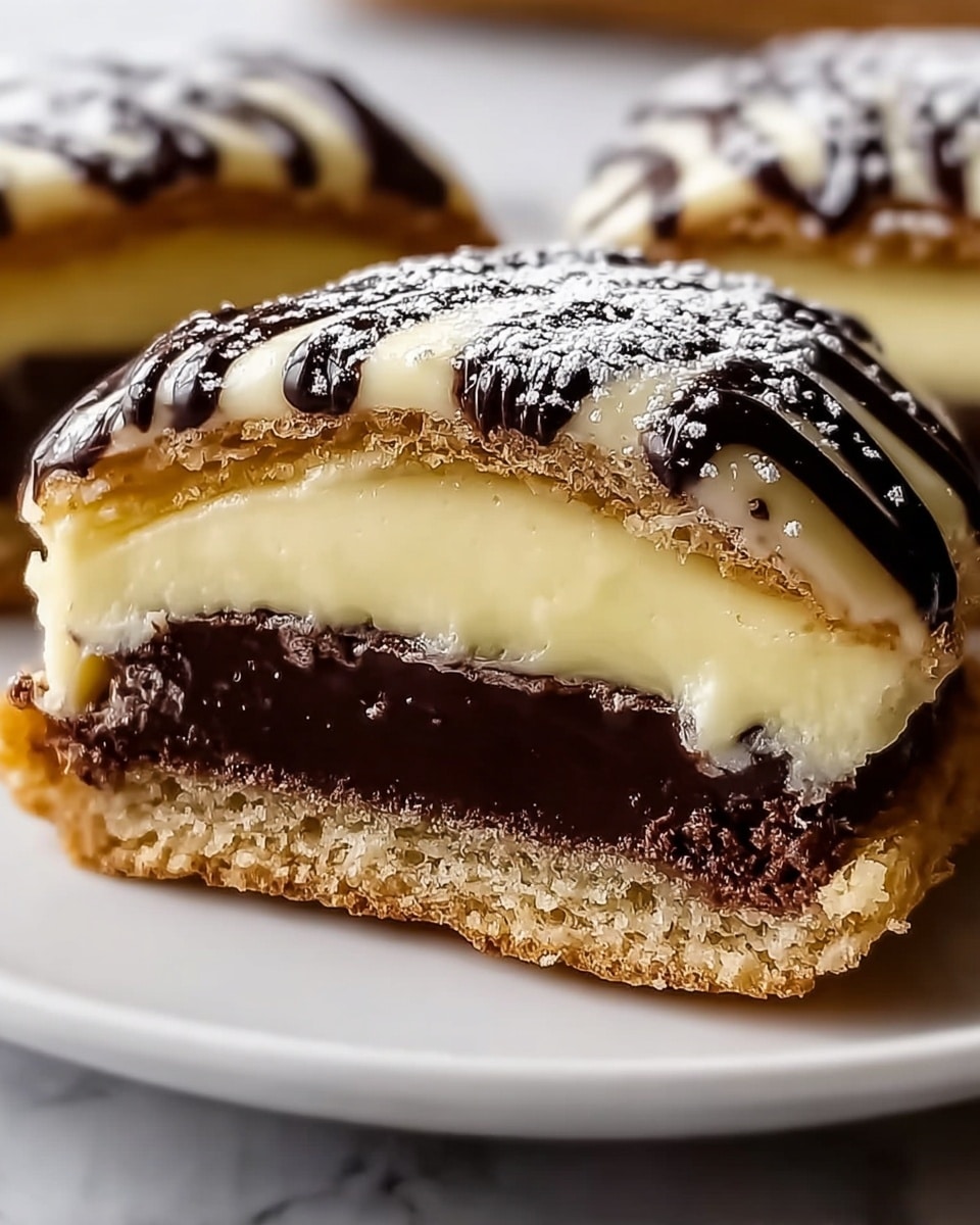 The image shows a close-up of a dessert with three main layers. The bottom layer is a light brown, crumbly crust. On top of this crust is a smooth, shiny dark chocolate layer that looks thick and glossy. Above the chocolate is a creamy, pale yellow layer that appears soft and rich. The dessert is topped with a smooth, pale yellow icing that is thicker and slightly glossy, and it is decorated with thin, dark chocolate drizzles on top. A small dusting of powdered sugar is scattered over the chocolate drizzle. The dessert sits on a white plate set on a white marbled surface. Photo taken with an iphone --ar 4:5 --v 7