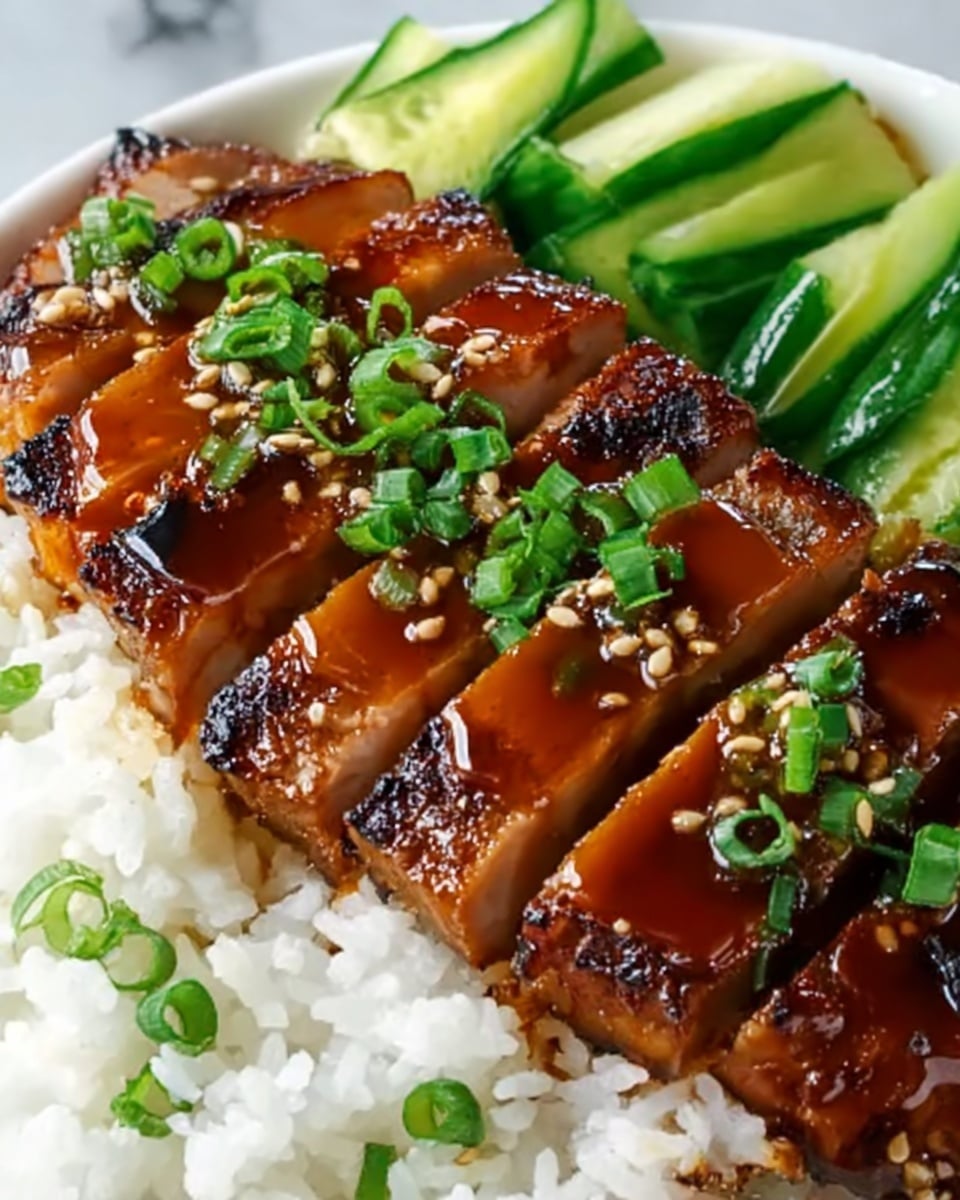 The image shows a close-up of a dish with four thick slices of glazed grilled chicken on top of white rice. The chicken is golden-brown with dark grill marks and shiny from a sticky sauce, sprinkled with small green onion pieces and white sesame seeds. Behind the chicken, there are slices of fresh cucumber in bright green, arranged in a neat line. The dish is set on a white plate on a white marbled surface. photo taken with an iphone --ar 4:5 --v 7