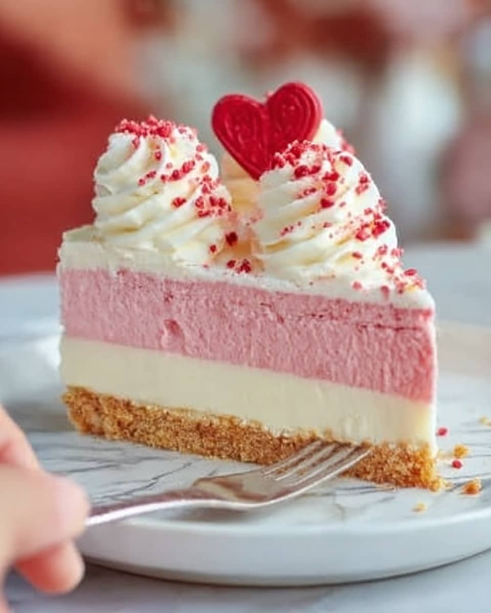 The image shows a slice of layered cake on a white plate with a white marbled surface underneath. The cake has three layers: the bottom layer is a light brown crumbly crust, the middle layer is a smooth, pink creamy filling, and the top layer is thick, white, and creamy. On top, there are two swirls of white whipped cream decorated with small red crumbs, and a red heart-shaped decoration sits on one swirl. A fork rests beside the cake slice, and a woman's hand is near it. The background is softly blurred with warm colors. photo taken with an iphone --ar 4:5 --v 7