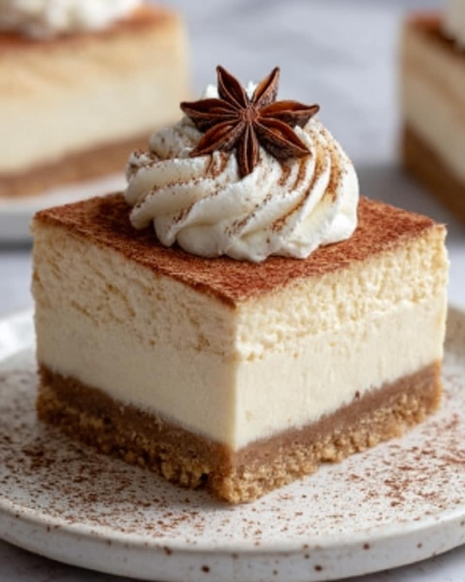 A square slice of creamy layered dessert sits on a white rectangular plate with light brown speckles. The bottom layer is a crumbly light brown crust, topped by a thick, smooth pale cream layer. On top of the cream layer is a dusting of fine light brown powder. A small swirl of white whipped cream with a star anise decoration is placed in the center on top. The background is a white marbled surface, and a woman's hand is just visible holding the plate. photo taken with an iphone --ar 4:5 --v 7
