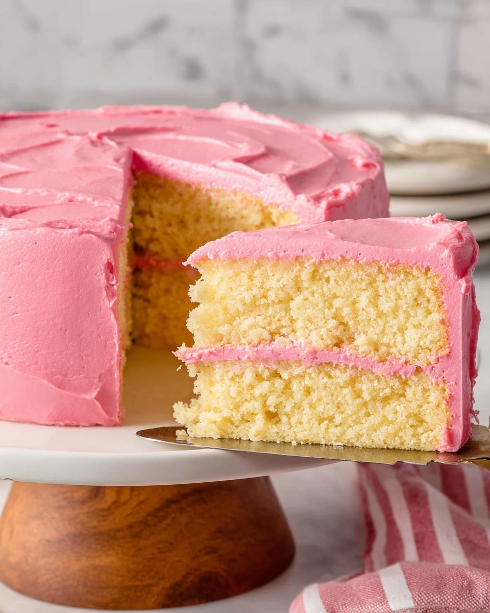 A two-layer slice of yellow cake with a soft and crumbly texture is frosted thickly with bright pink creamy icing on the outside and between the layers. The cake sits on a white plate with a subtle gray line near the edge, and a gold fork rests beside the slice on the plate. The plate is stacked on several other similar white plates. In the background, there is a white bowl filled with blackberries, all set on a white marbled surface. Photo taken with an iphone --ar 4:5 --v 7