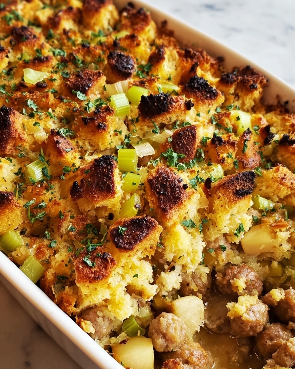 The dish is a baked casserole with three visible layers. The top crust is golden brown and crispy, made of toasted bread crumbs or stuffing mix with small dark brown burnt spots and sprinkled fresh green herbs. Below the crust, there are chunks of light yellowish-brown cooked apples and bright green celery pieces mixed with pieces of cooked sausage that are light brown and round. The base layer appears soft and moist, made of a combination of bread stuffing, sausage, celery, and apple. The casserole is served in a white baking dish, placed on a white marbled texture surface. photo taken with an iphone --ar 4:5 --v 7