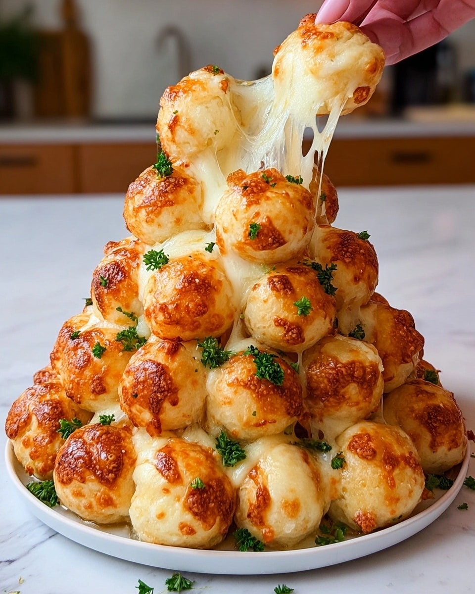 A pyramid-shaped stack of small round bread rolls glittering with melted cheese on top, each roll golden brown and soft with visible cross cuts on the surface, some decorated with small green parsley leaves. The top layer shows a piece being pulled away, stretching gooey, light yellow cheese between the rolls. The bread rolls sit on a white plate placed on a white marbled surface, with a blurred plant in the background and a woman's hand holding the top piece pulling the cheese slowly. photo taken with an iphone --ar 4:5 --v 7