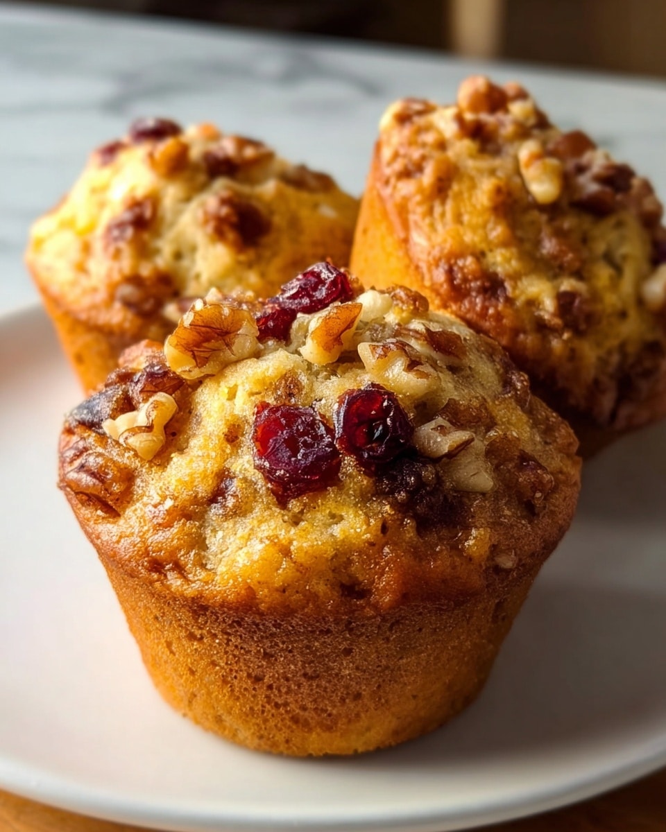 The image shows three muffins on a round white plate, placed on a white marbled surface. Each muffin is golden brown with a slightly crispy texture on the outside. The tops are studded with small pieces of walnuts and dark red dried cranberries, giving a bumpy texture and color contrast to the light yellow muffin base. The muffins have a soft, crumbly texture with bits of nuts inside, visible near the edges. The focus is on the front muffin, highlighting its detailed textures and warm colors. Photo taken with an iphone --ar 4:5 --v 7